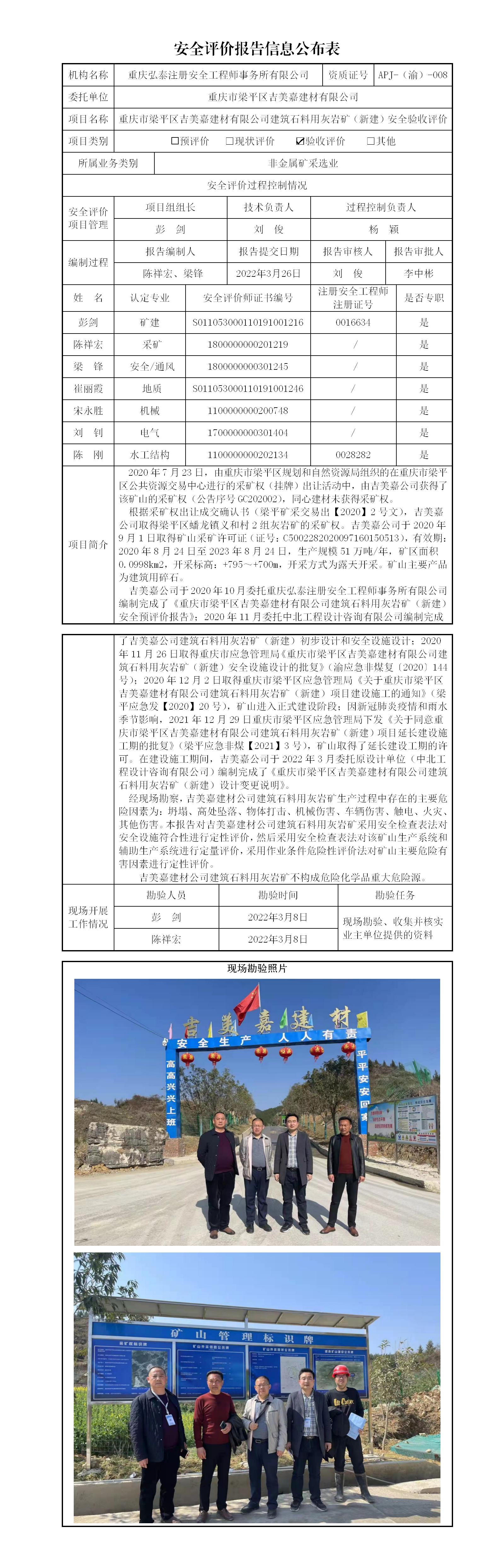 22-2重慶市梁平區(qū)吉美嘉建材有限公司建筑石料用灰?guī)r礦驗(yàn)收評(píng)價(jià)安全評(píng)價(jià)報(bào)告信息公布表(1)_01.jpg
